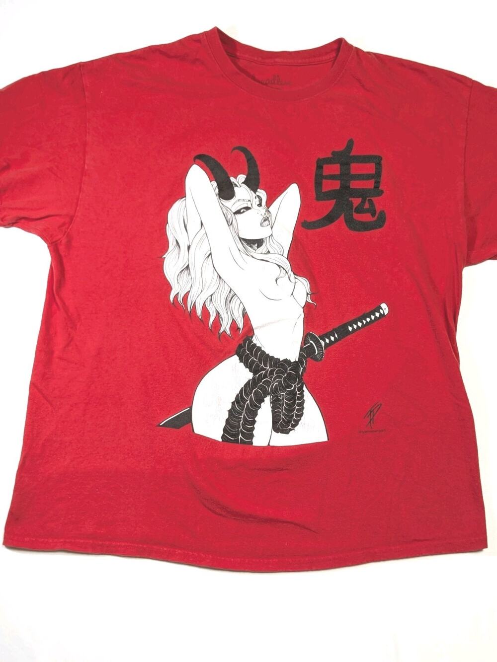 Threadless Tyler Deberry Oni Girl Katana Graphic T-Shirt Red Mens XL Y2k Anime